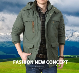 Detailed view of olive green hooded jacket with large utility pockets and chest zipper