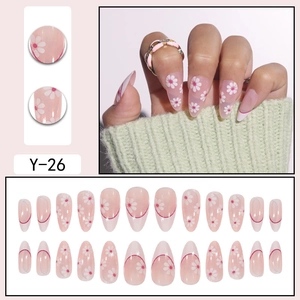 French style almond press-on nails with red flower patterns and pink tips, 24 piece set