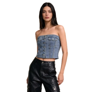 Sexy blue denim strapless bustier top for women paired with black leather cargo pants