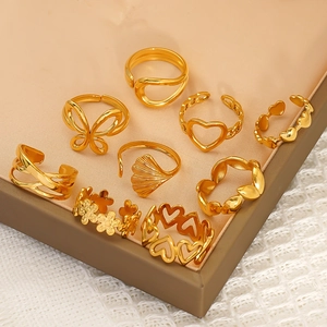 9-piece set of gold-plated stainless steel rings with butterfly and floral patterns