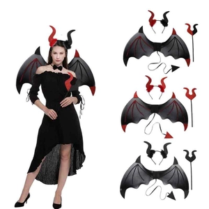 Devil Wings With Horn Headband And Tail And Trident Halloween Cosplay Props Glitter Sequins Costume Accessories Adults Kids