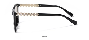 Detail of square sunglasses with gold metal temples and pearl accents on the back