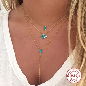 Three-layer S925 sterling silver layered necklace with turquoise teardrop pendants