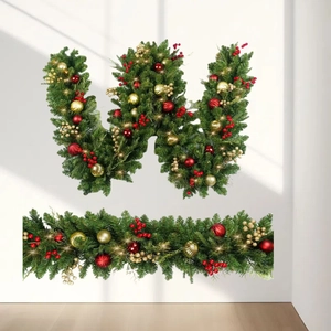 2.7m Christmas garland with red gold balls berries and warm LED lights on pine branches