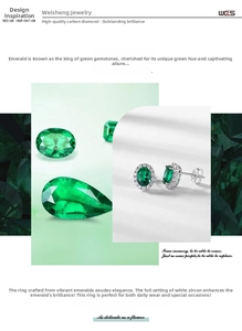 Macro detail of emerald stud earrings with oval and pear shape loose stones