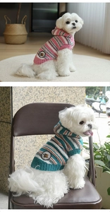 Detail der warmen gestreiften Hunde-Hoodies mit Plüschstoff und süßem Bären-Stickerei