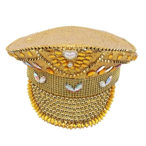 Golden sequin bridal captain hat with yellow rhinestones and heart pearl emblem