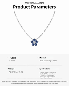 Detail view of flower pendant necklace featuring blue and white zircon in 925 sterling silver