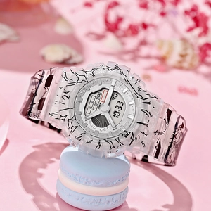 Cartoon sport digital watch with dual display on blue macaron with floral background
