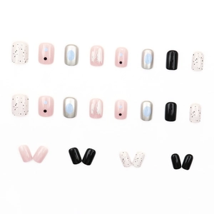 24pcs set of metallic punk and floral press-on nails in pink, silver and black finishes