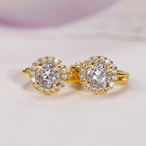 Close-up of gold-plated hoop earrings with micro-paved halo cubic zirconia stones