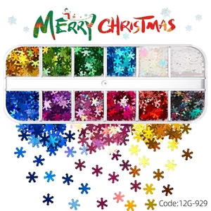 Detailed view of 12-grid Christmas snowflake glitter set for nail art and DIY crafts