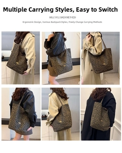 Leopard print tote bag showcasing multiple carrying ways such as shoulder and hand-carry