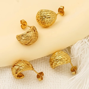 Golden titanium steel oval earrings with hammer texture and woven design for women