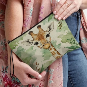 Handheld giraffe print makeup bag featuring watercolor art and a black wristlet strap