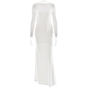 Elegant white long sleeve bodycon maxi dress shown on a minimalist mannequin