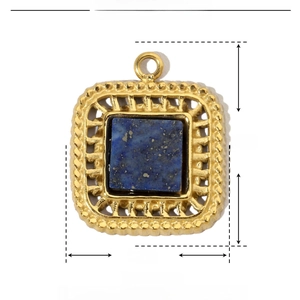 Detail view of square stainless steel pendant with blue natural stone and dimensions