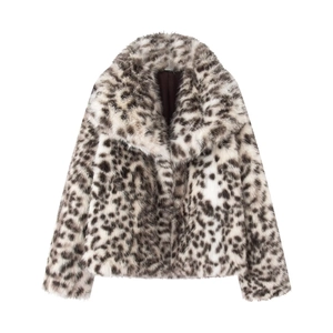 Women's faux fur leopard print short jacket with notched lapel on a plain white background
