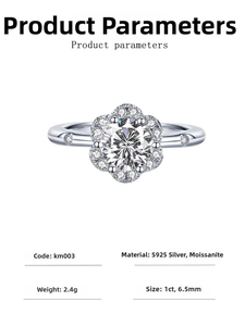 Detailed specs of S925 silver moissanite ring with 1ct stone and floral design details