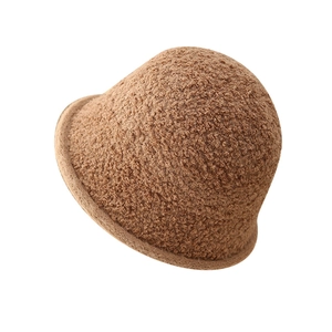 Cozy brown lamb wool bucket hat for women, soft knit texture for autumn and winter warmth