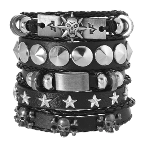 Men Punk Rock Multilayer Bracelet Set Artificial Leather Alloy Skull Rivet Charm Adjustable Handmade Woven Jewelry Wristband