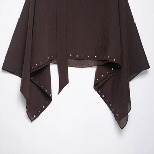 Women's dark brown crew neck poncho top with asymmetrical hem and silver stud detailing