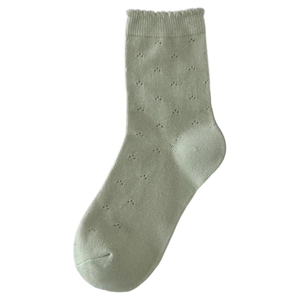 Pale green open-knit crew socks with scalloped ruffled edges in a minimalist design