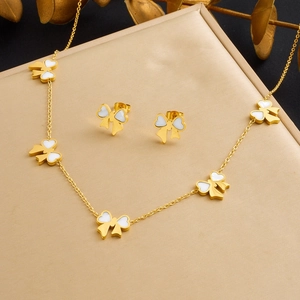 Stainless Steel Gold Plated White Bow Jewelry Set Women Fashion Bow Necklace Stud Earrings Set Daily Wear Accessories