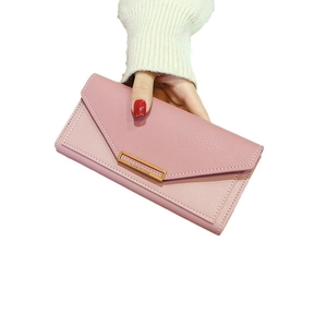 Pink patchwork long leather wallet for women with gold clasp and envelope flap