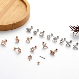 20G stainless steel stud earrings set with zircon stars and hearts in silver and rose gold