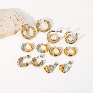 Mix of 18k gold and silver geometric stainless steel hoop earrings in a 6-pair set