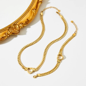 Punk style gold heart woven Cuban link necklace and bracelet set in stainless steel