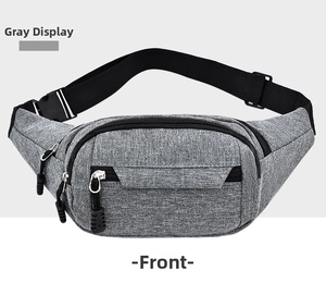 Front view of grey oxford fabric sports waist bag with adjustable black strap and zippers