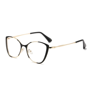 Cat eye glasses frame in black and gold metal, shown from a professional 45-degree angle