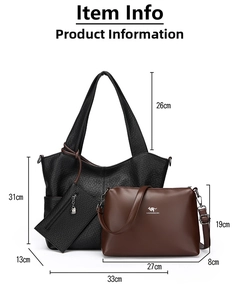 Detailed view of women's tote bag set with size dimensions and kangaroo logo accents