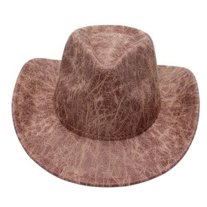 Detailed view of western cowboy hat featuring vintage distressed cracked leather texture