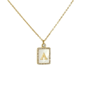 Gold stainless steel necklace featuring a square diamond-set pendant with letter A shell