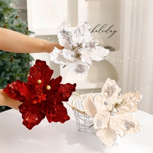 Velvet artificial Christmas flowers with glitter and pearls for holiday tree decoration