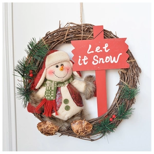 Detail of Let it Snow Christmas wreath with plush snowman, pine needles and red berries