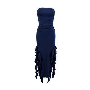 Detail of dark blue tube maxi dress showing slim fit ruching and ruffled mermaid hemline