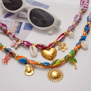 Bohemian silk scarf style stainless steel necklaces with beach charms and colorful beads
