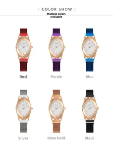 Detailed close-up showing six color variations of rhinestone-set diamond dial quartz watches