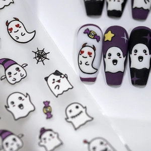 Japanese style Halloween nail stickers with cartoon ghosts, candy and spider web patterns