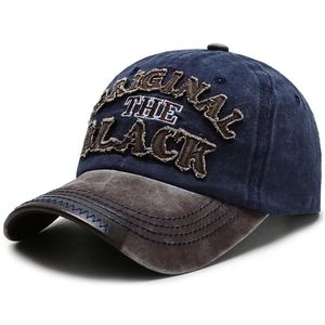 Retro washed denim baseball cap with brown brim and 3D embroidered lettering logo