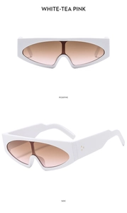 Detail view of white shield sunglasses with tea pink gradient lenses and gold dots