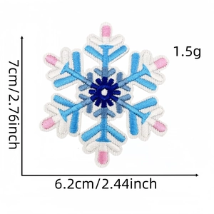 Detailed view of 7cm snowflake embroidered iron-on patch with size measurement details