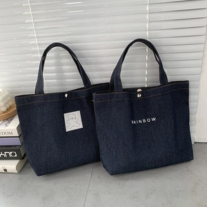 Women Blue Denim Tote Handbag With Bear Patch Letter Print Magnetic Snap Closure Japanese Style Casual Lunch Bag