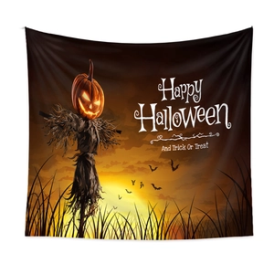 Detail of Halloween tapestry with scarecrow pumpkin and Happy Halloween text decor