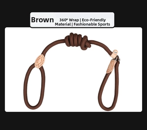 Detailed view of the brown braided dog P-chain leash with reinforced leather stitching