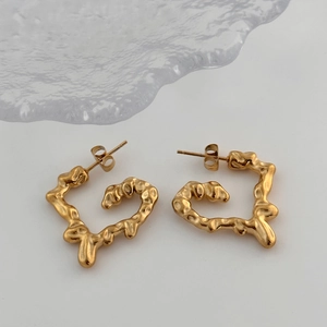Boho golden lava texture heart earrings with abstract irregular metallic design